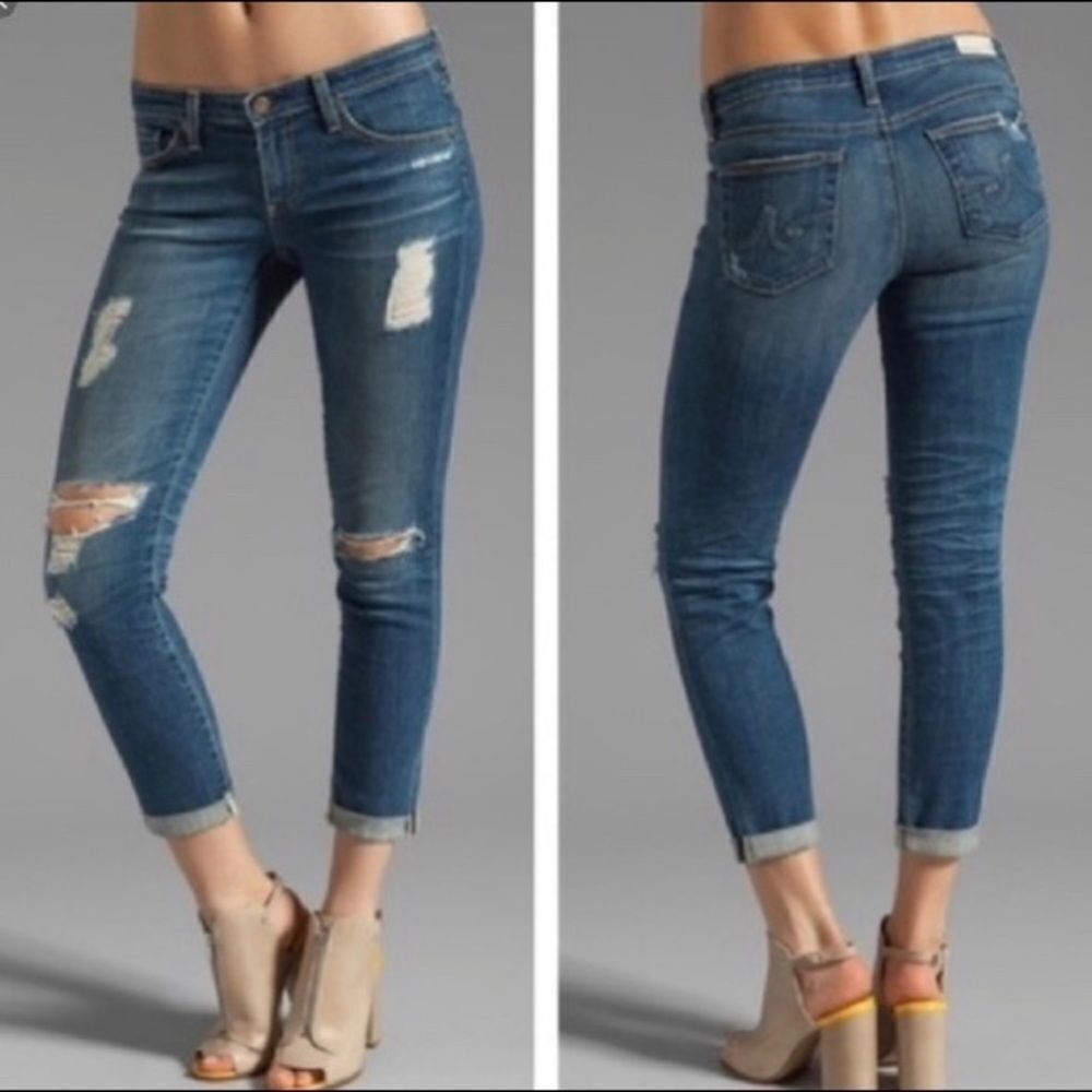 AG Stevie Ankle Slim Straight Distressed Jeans Stretch Medium‎ Wash  Blue 26